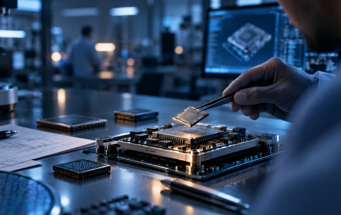 Engineer working on a custom integrated circuit package in a semiconductor laboratory